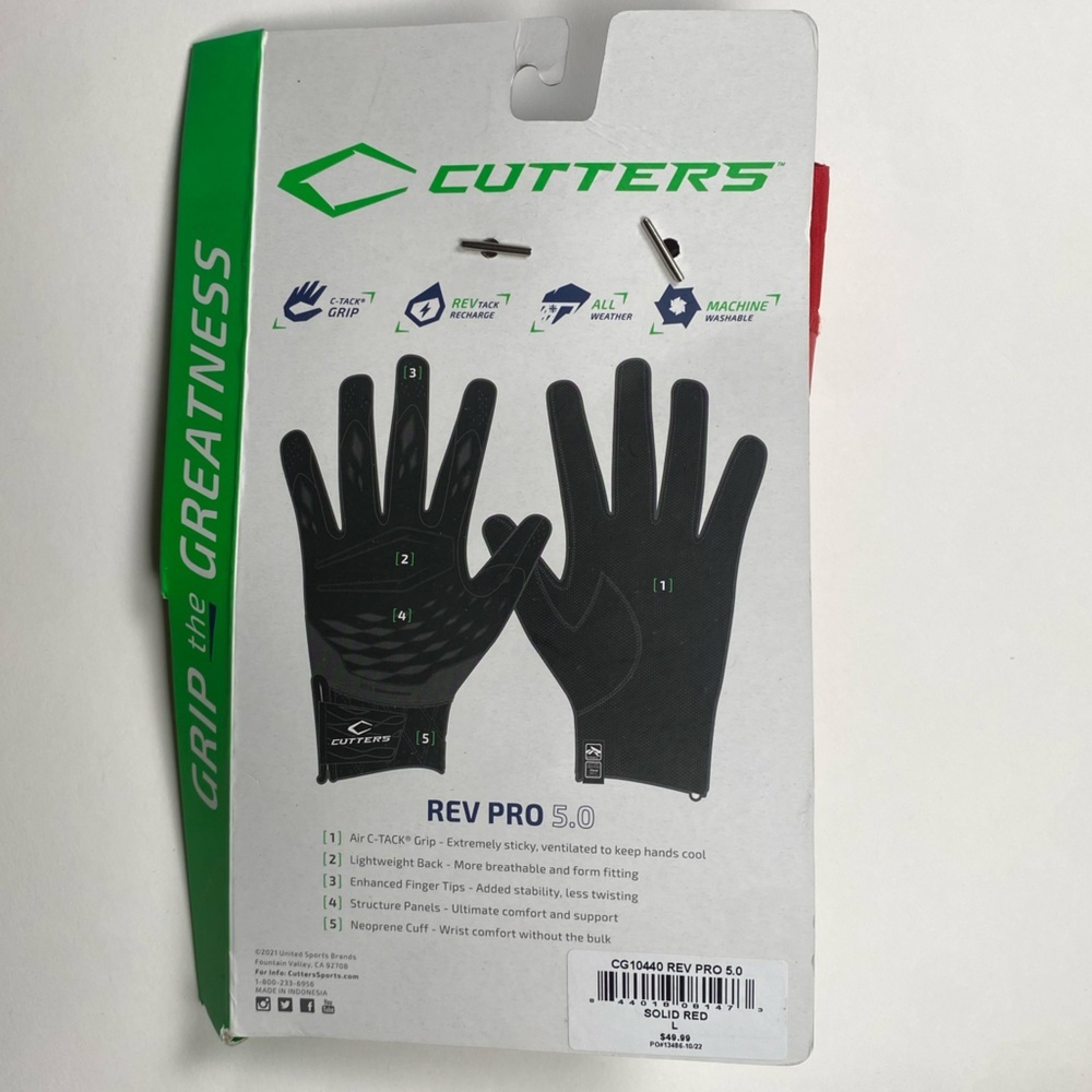 NWT Cutters Men's Rev Pro 5.0 Red Football Gloves size Large - Picture 3 of 3